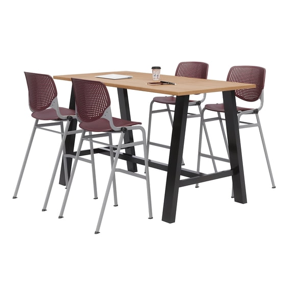 KFI Studios Midtown 6' x 3' Pub Table Set, Maple , 4 Burgundy KOOL Stools