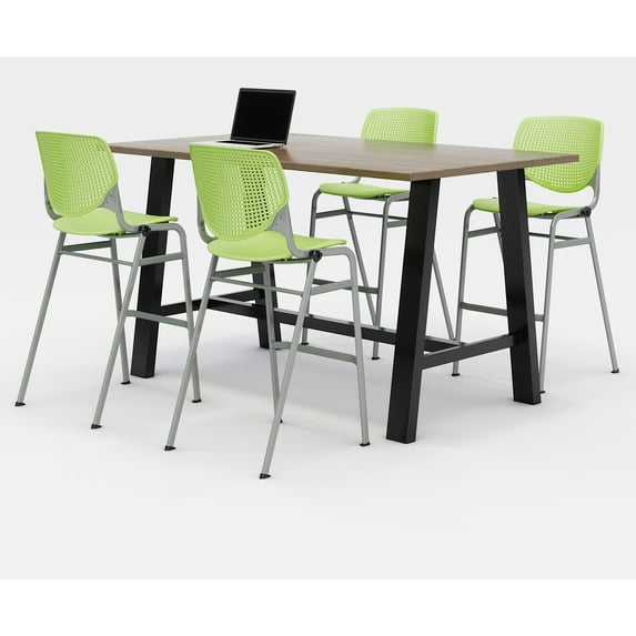 KFI Studios Midtown 6' x 3' Pub Table Set, Studio Teak , 4 Lime Green KOOL Stools