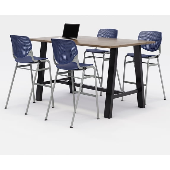 KFI Studios Midtown 6' x 3' Pub Table Set, Studio Teak , 4 Navy KOOL Stools