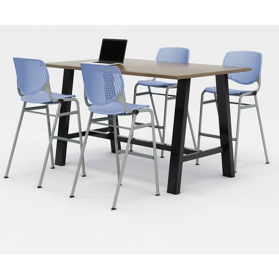 KFI Studios Midtown 6' x 3' Pub Table Set, Studio Teak , 4 Periwinkle KOOL Stools