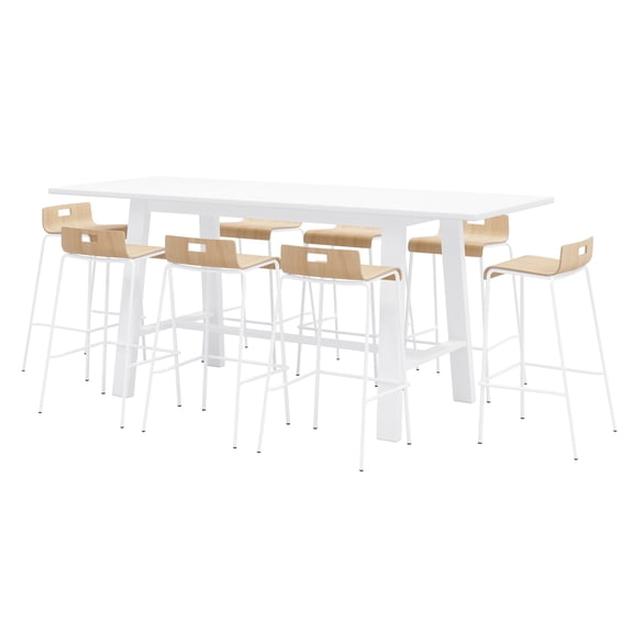 KFI Studios Midtown Bar Height Table and 8 Barstools Set in Natural/White