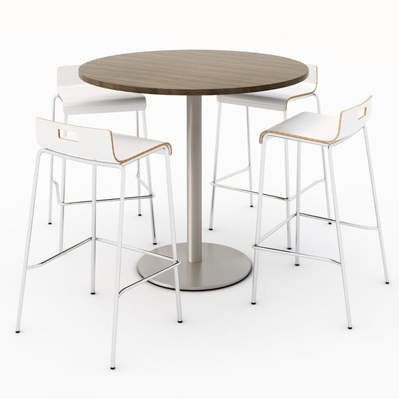 KFI Studios Mode Round 3.5' Bistro Table Set, Studio Teak, 4 White Jive Barstools