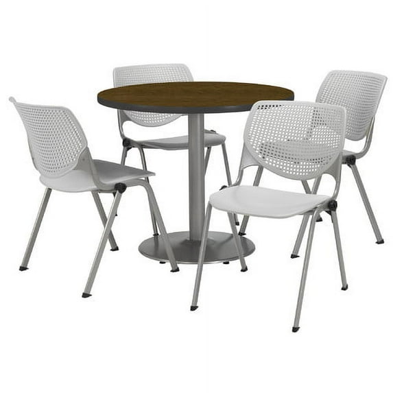KFI Studios Mode Round 3.5' Dining Table Set, Black, 4 Natural KOOL Chairs