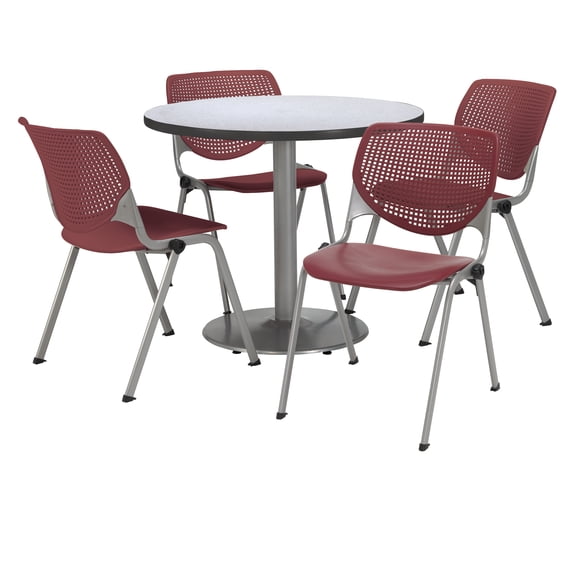 KFI Studios Mode Round 3.5' Dining Table Set, Burgundy, 4 Grey Nebula KOOL Chairs