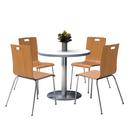 KFI Studios Mode Round 3.5' Dining Table Set, Crisp Linen, 4 Natural Jive Chairs