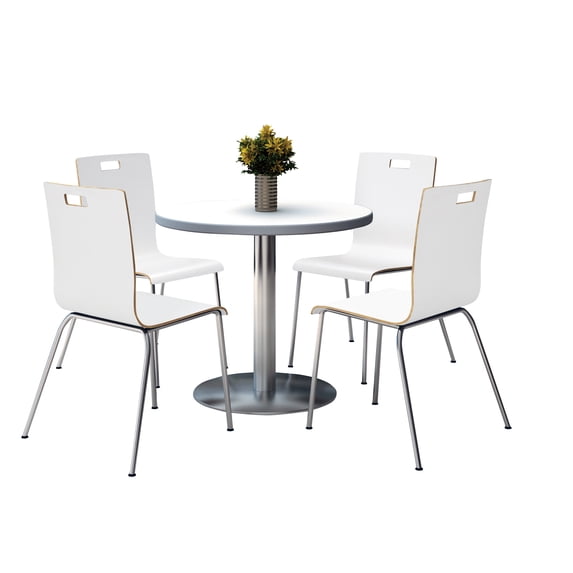 KFI Studios Mode Round 3.5' Dining Table Set, Crisp Linen, 4 White Jive Chairs