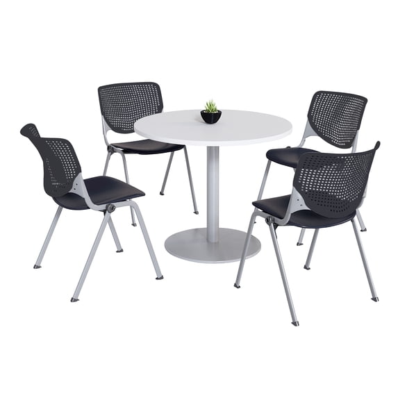 KFI Studios Mode Round 3.5' Dining Table Set, Designer White, 4 Black KOOL Chairs