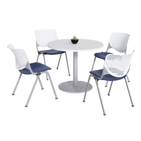 KFI Studios Mode Round 3.5' Dining Table Set, Designer White, 4 Navy KOOL Chairs