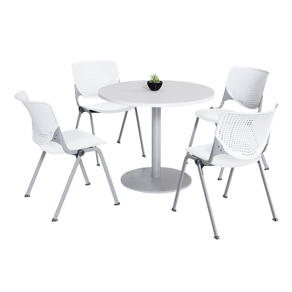 KFI Studios Mode Round 3.5' Dining Table Set, Designer White, 4 White KOOL Chairs