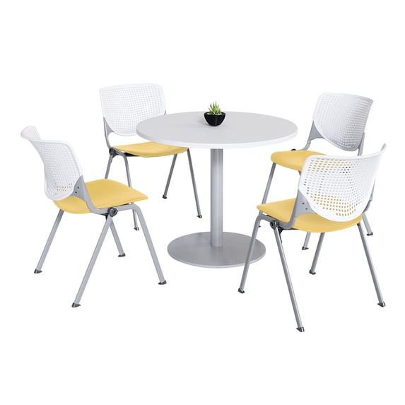 KFI Studios Mode Round 3.5' Dining Table Set, Designer White, 4 Yellow KOOL Chairs