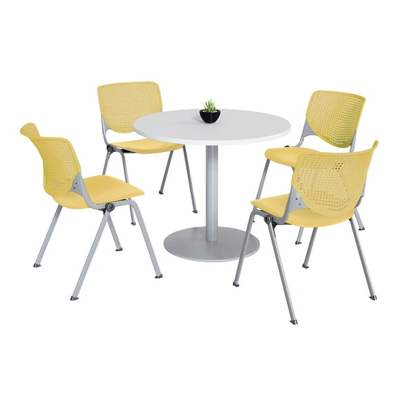 KFI Studios Mode Round 3.5' Dining Table Set, Designer White, 4 Yellow KOOL Chairs