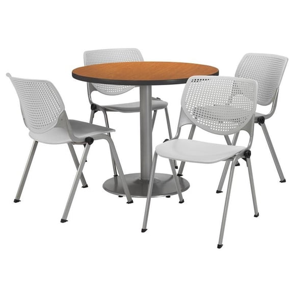 KFI Studios Mode Round 3.5' Dining Table Set, Light Grey, 4 Medium Oak KOOL Chairs