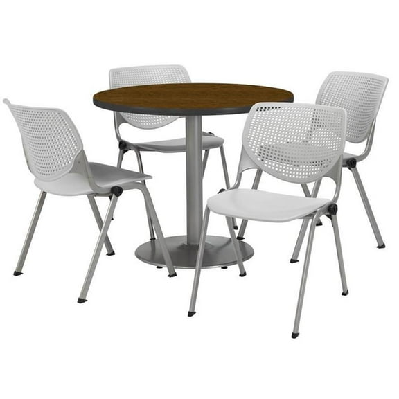 KFI Studios Mode Round 3.5' Dining Table Set, Light Grey, 4 Walnut KOOL Chairs