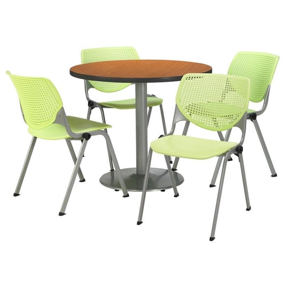 KFI Studios Mode Round 3.5' Dining Table Set, Lime Green, 4 Medium Oak KOOL Chairs