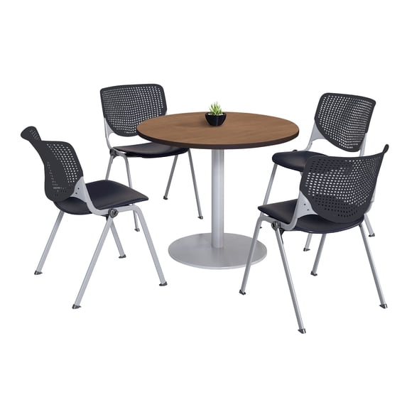 KFI Studios Mode Round 3.5' Dining Table Set, River Cherry, 4 Black KOOL Chairs