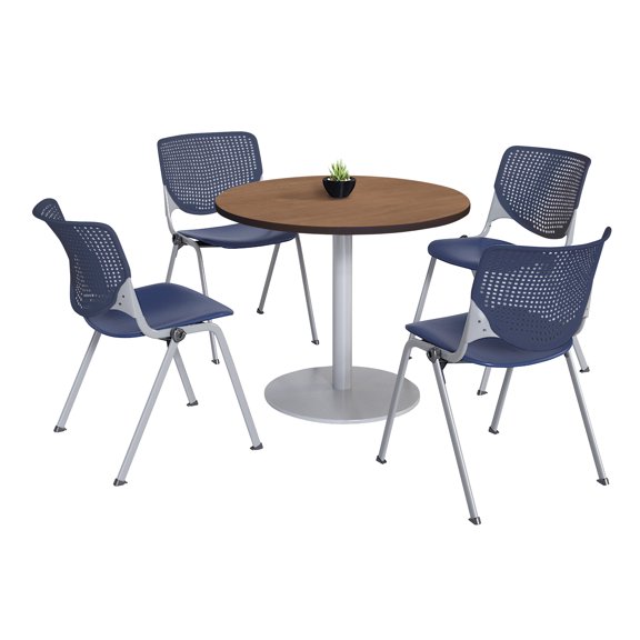KFI Studios Mode Round 3.5' Dining Table Set, River Cherry, 4 Navy KOOL Chairs