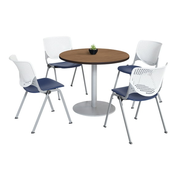 KFI Studios Mode Round 3.5' Dining Table Set, River Cherry, 4 White & Navy KOOL Chairs