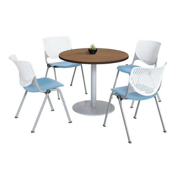 KFI Studios Mode Round 3.5' Dining Table Set, River Cherry, 4 White & Sky Blue KOOL Chairs
