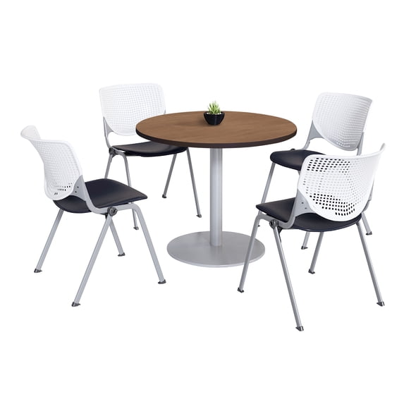 KFI Studios Mode Round 3.5' Dining Table Set, River Chery, 4 White & Black KOOL Chairs