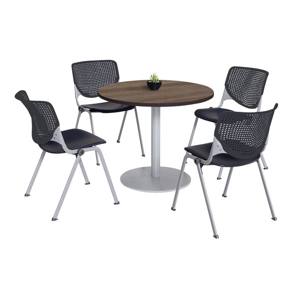 KFI Studios Mode Round 3.5' Dining Table Set, Studio Teak, 4 Black KOOL Chairs
