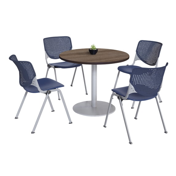 KFI Studios Mode Round 3.5' Dining Table Set, Studio Teak, 4 Navy KOOL Chairs