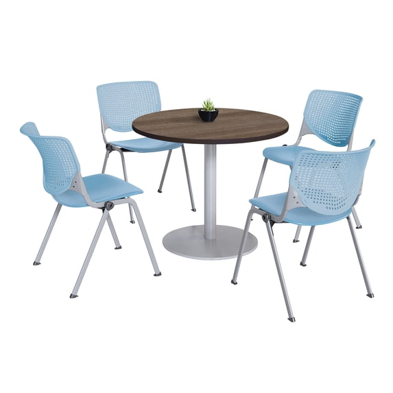 KFI Studios Mode Round 3.5' Dining Table Set, Studio Teak, 4 Sky Blue KOOL Chairs