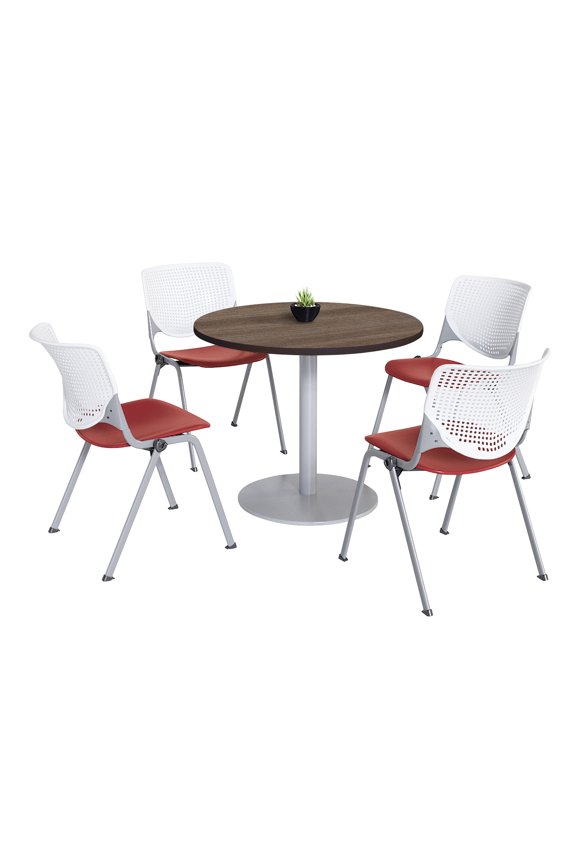 Mode Round 3.5' Dining Table Set, Studio Teak, 4 White & Coral KOOL Chairs