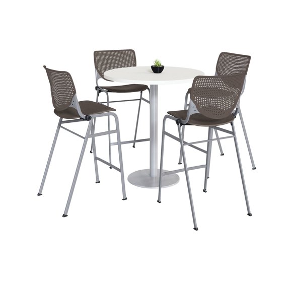 KFI Studios Mode Round 3' Bistro Table Set, Designer White, 4 Brownstone KOOL Barstools