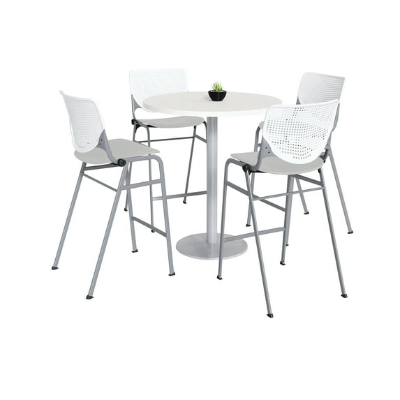 KFI Studios Mode Round 3' Bistro Table Set, Designer White, 4 Light Grey KOOL Barstools