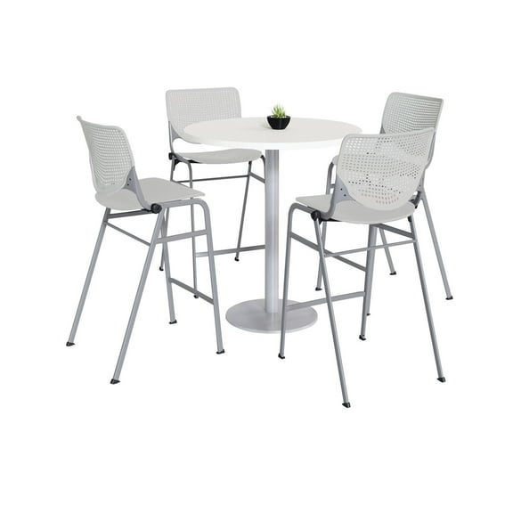 KFI Studios Mode Round 3' Bistro Table Set, Designer White, 4 Light Grey KOOL Barstools