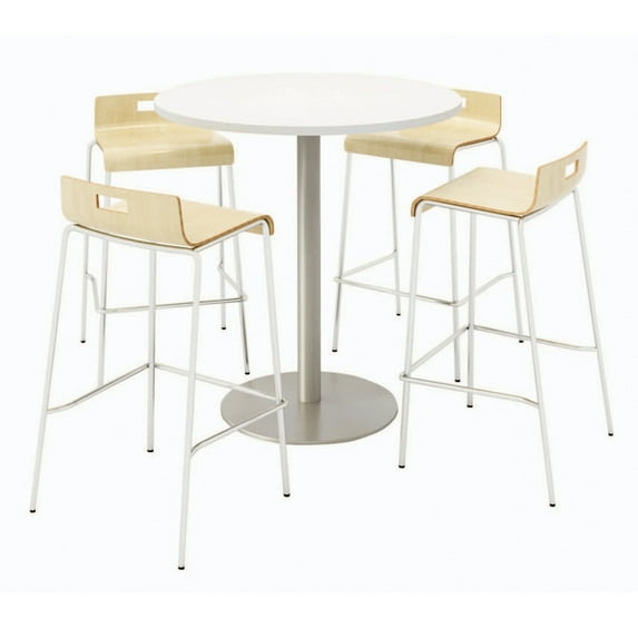 KFI Studios Mode Round 3' Bistro Table Set, Designer White, 4 Natural Jive Barstools