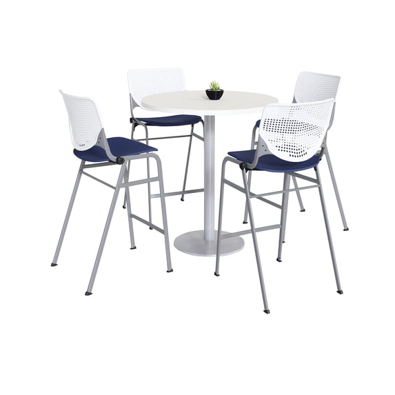 KFI Studios Mode Round 3' Bistro Table Set, Designer White, 4 Navy KOOL Barstools