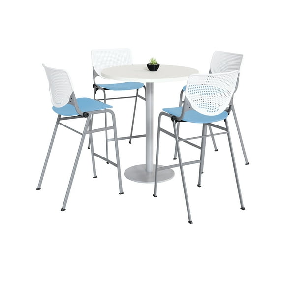 KFI Studios Mode Round 3' Bistro Table Set, Designer White, 4 Sky Blue KOOL Barstools