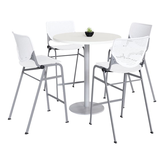 KFI Studios Mode Round 3' Bistro Table Set, Designer White, 4 White KOOL Barstools