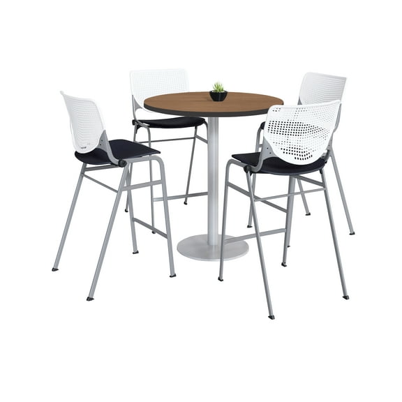 KFI Studios Mode Round 3' Bistro Table Set, River Chery, 4 White & Black KOOL Barstools
