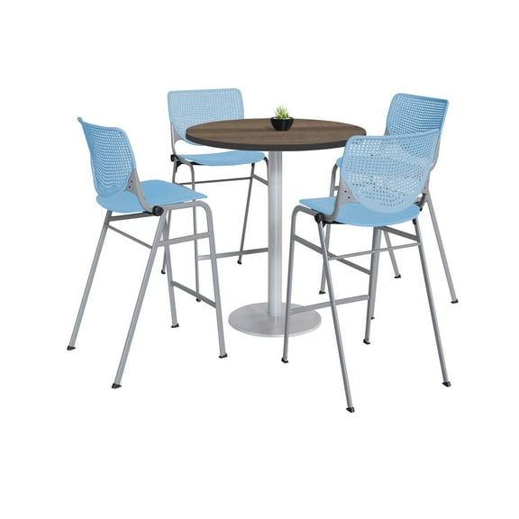 KFI Studios Mode Round 3' Bistro Table Set, Studio Teak, 4 Sky Blue KOOL Barstools