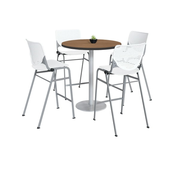 KFI Studios Mode Round 3' Bistro Table Set, Studio Teak, 4 White & Black KOOL Barstools
