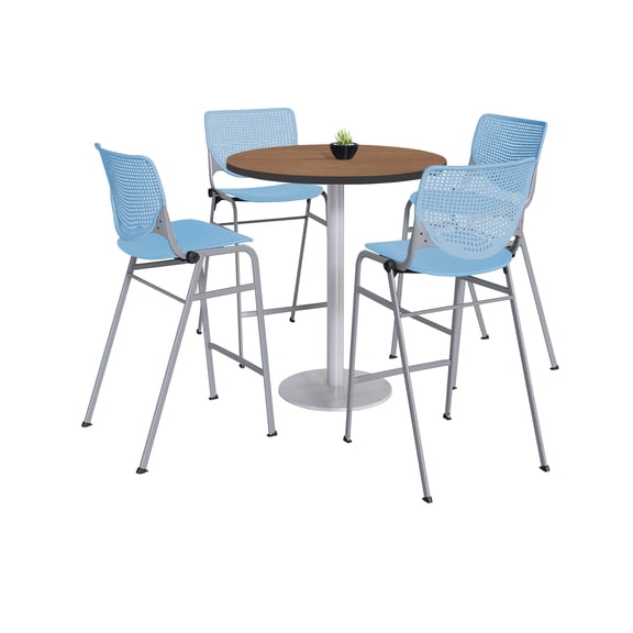 KFI Studios Mode Round 3' Bistro Table Set, Studio Teak, 4 White & Coral KOOL Barstools