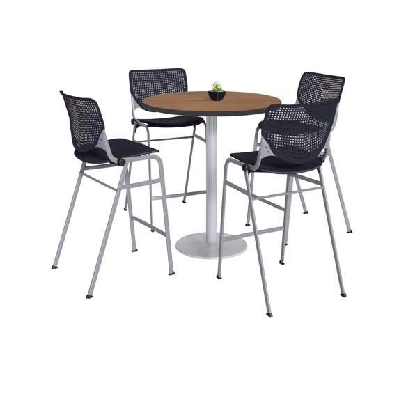 KFI Studios Mode Round 3' Bistro Table Set, Studio Teak, 4 White & Sky Blue KOOL Barstools