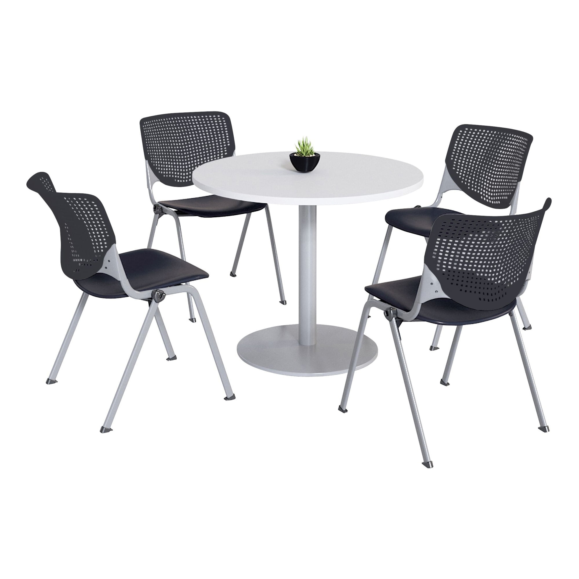 White Round Pedestal Table Set with 4 Black Stacking Chairs