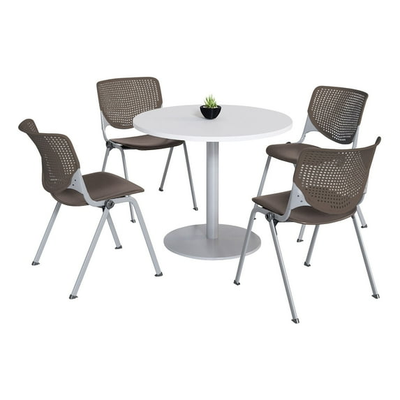 KFI Studios Mode Round 3' Dining Table Set, Designer White, 4 Brownstone KOOL Chairs