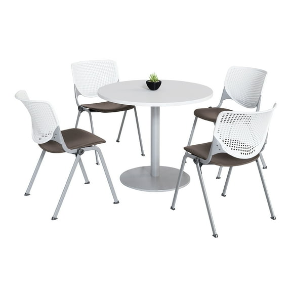 KFI Studios Mode Round 3' Dining Table Set, Designer White, 4 Brownstone KOOL Chairs