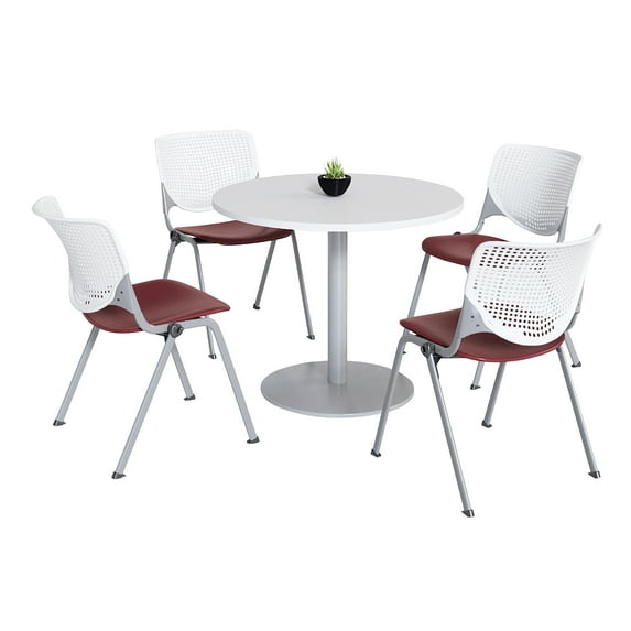 KFI Studios Mode Round 3' Dining Table Set, Designer White, 4 Burgundy KOOL Chairs