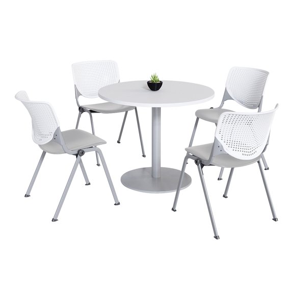 KFI Studios Mode Round 3' Dining Table Set, Designer White, 4 Light Grey KOOL Chairs