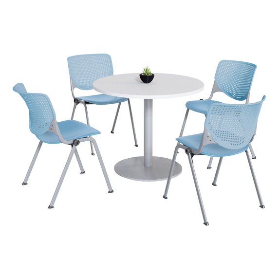 KFI Studios Mode Round 3' Dining Table Set, Designer White, 4 Sky Blue KOOL Chairs