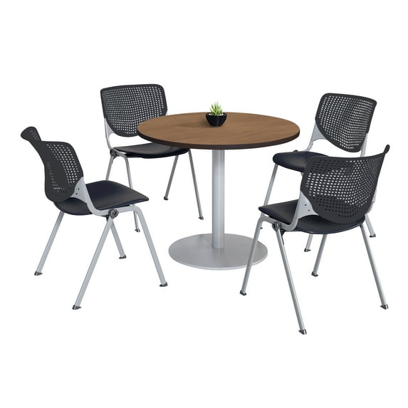 KFI Studios Mode Round 3' Dining Table Set, River Cherry, 4 Black KOOL Chairs