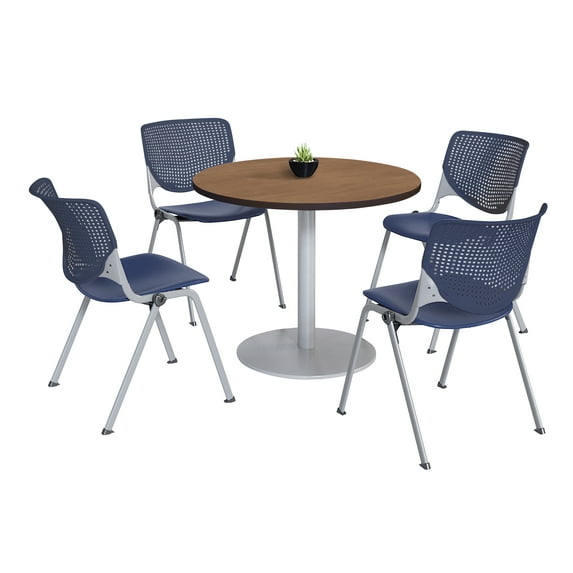 KFI Studios Mode Round 3' Dining Table Set, River Cherry, 4 Navy KOOL Chairs