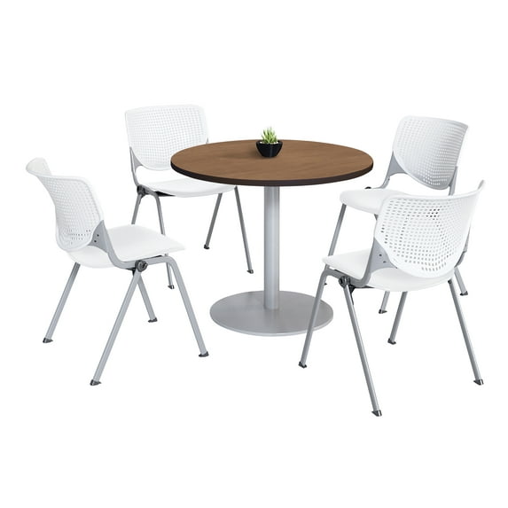 KFI Studios Mode Round 3' Dining Table Set, River Cherry, 4 White KOOL Chairs