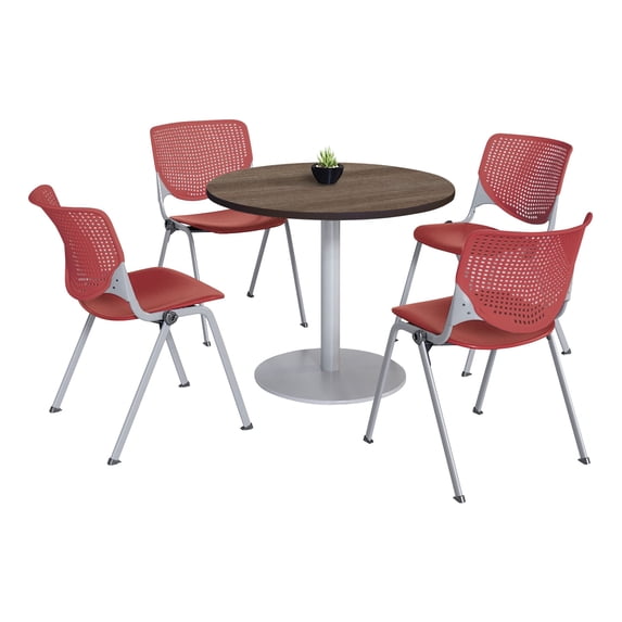 KFI Studios Mode Round 3' Dining Table Set, Studio Teak, 4 Coral KOOL Chairs