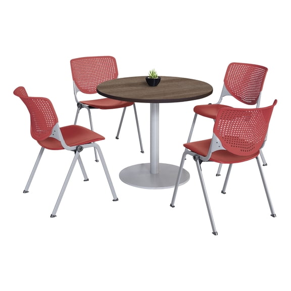KFI Studios Mode Round 3' Dining Table Set, Studio Teak, 4 Coral KOOL Chairs